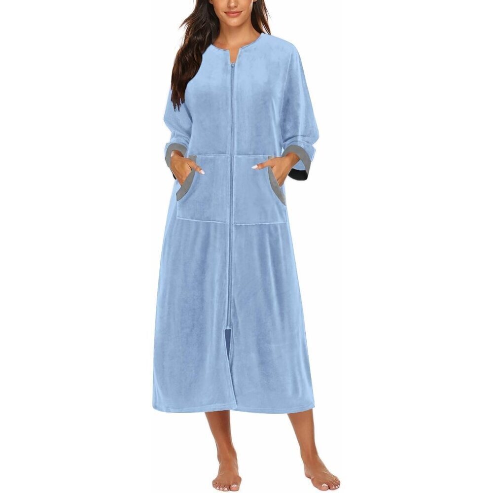 Robe for Women Velour Zipper Robe 3/4 Sleeves Housecoat Full Length Loungewear L